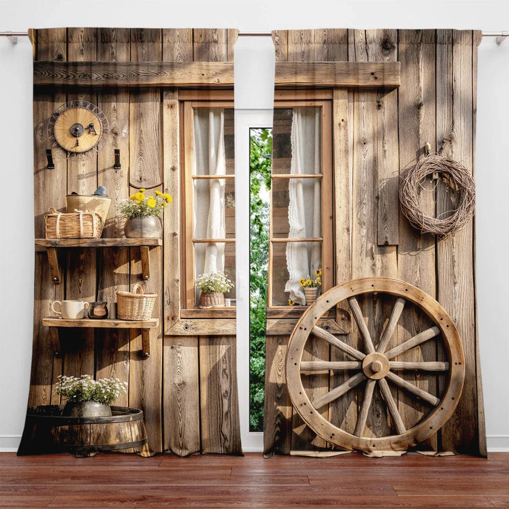 Retro Wooden House Pattern Printed Curtains, Pole Bag Curtains, Home Decoration, Room Decoration