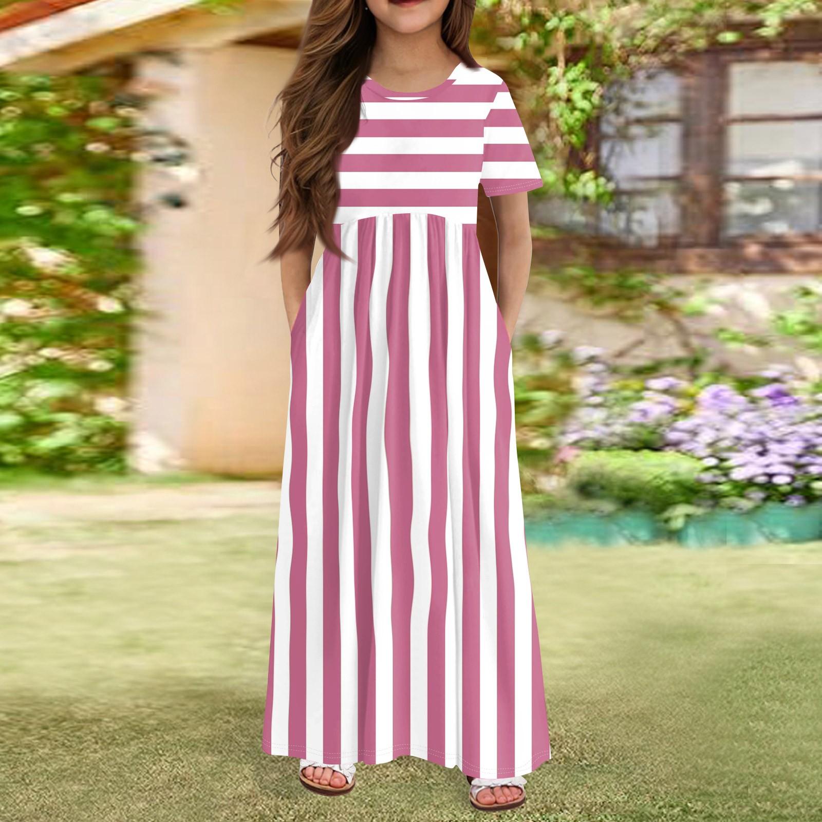 

Длинное летнее платье для девочек - платье макси с короткими рукавами и карманами для детей 4-14 лет 120 розовый