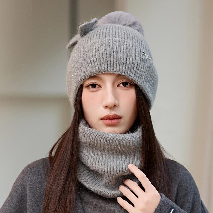 

Вязаная шапка из кроличьей шерсти, комплект из шарфа, женская зимняя защитная шапка с бантом и ушами серый