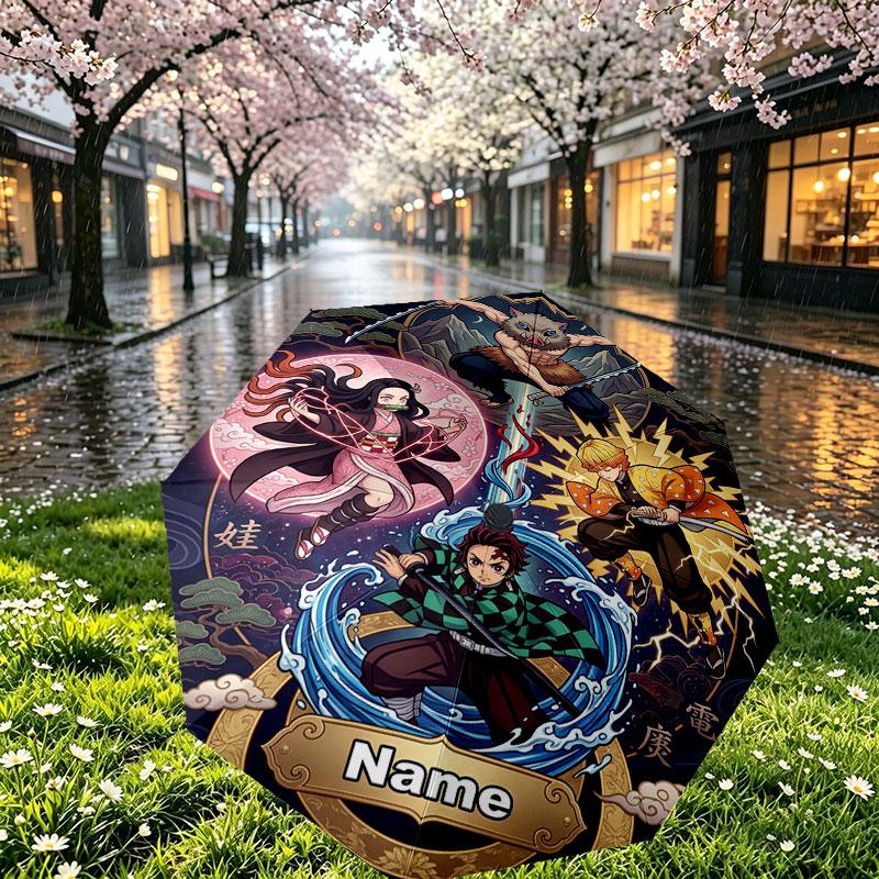 Custom Name Personalized Demon Slayer Print Umbrella, Auto Open Close, 8‑Rib Sturdy Frame, Commute Camping Hiking Use, Birthday Gift