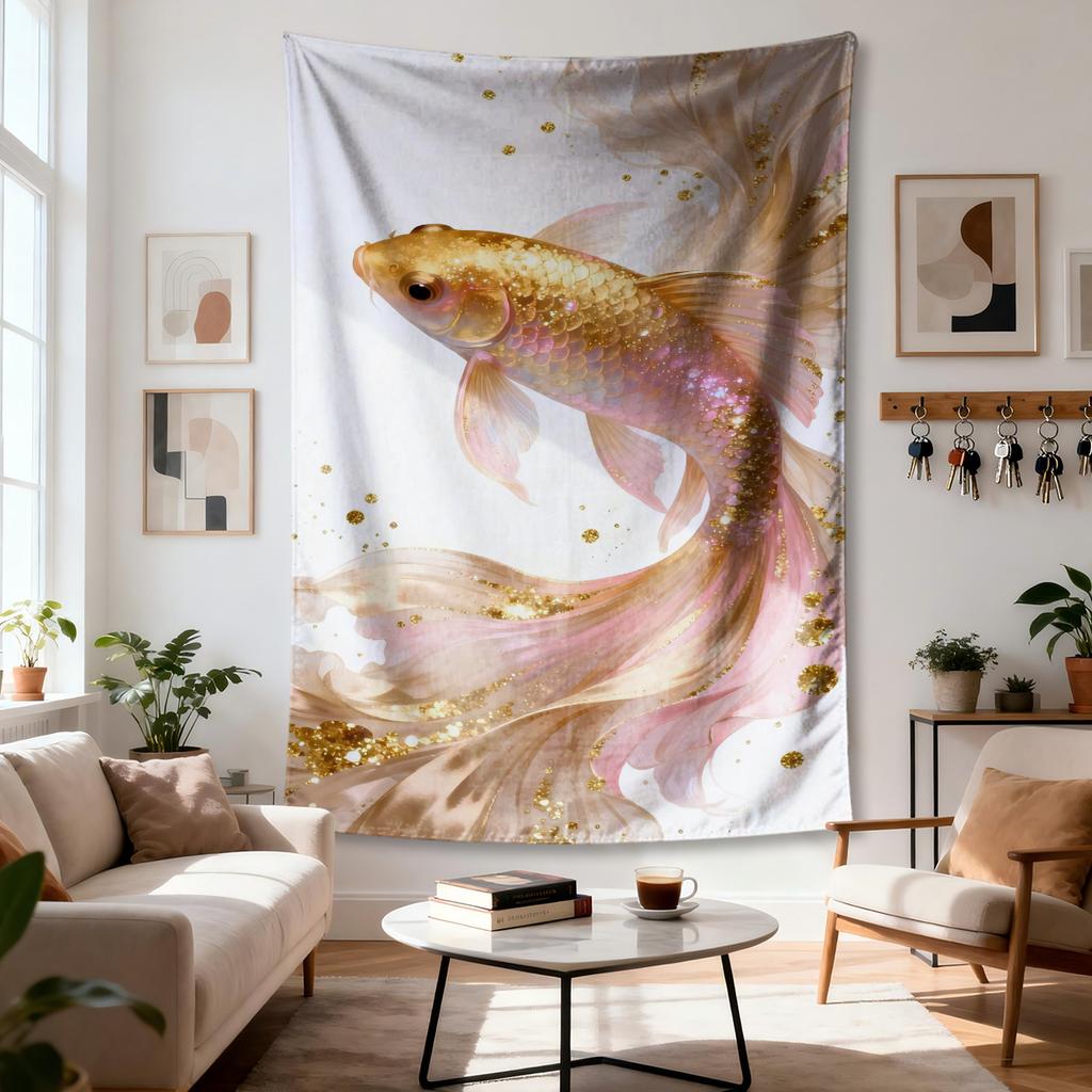 Goldener Koi Wandteppich Elegantes Fisch Funkelndes Design Sanfte Farben Polyester 5161 für Schlafzimmer oder Wohnheim