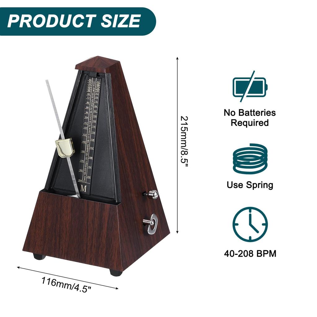 Uxcell Mechanical Metronome, High-Precision Music Timer, Versatile Metronome for Piano, Guitar, Violin, and Ukulele Players, Teak Color