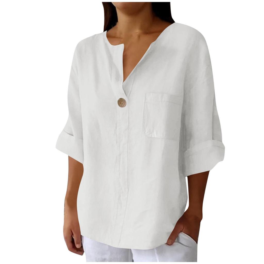 Women's 2025 Summer V-Neck Cotton Linen Button T-Shirt: Loose Fit