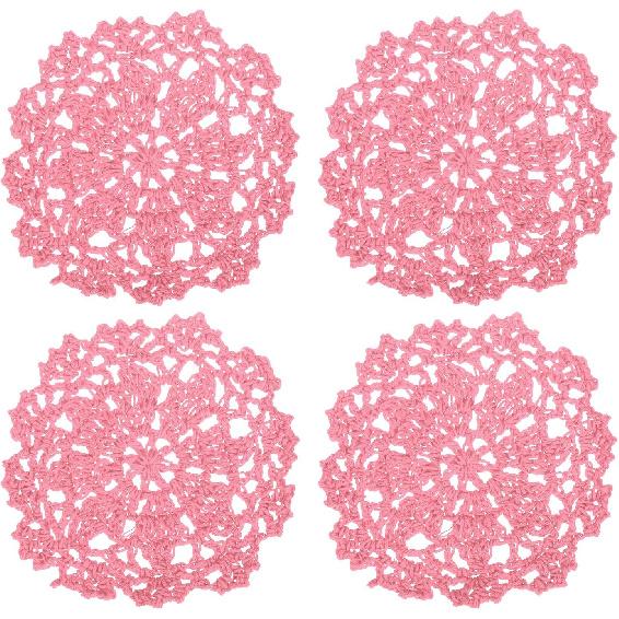 Uxcell Fabric Coasters, 4pcs 4" - Cotton Woven Crochet Doilies, Lace Embroidery Cup Mat with Floral Pattern for Wedding Party Decoration (Red)