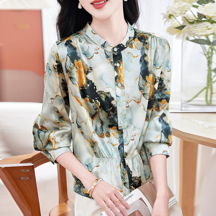 Silk shirt women's long sleeves spring and summer new printed loose large size meat-covered mulberry silk top