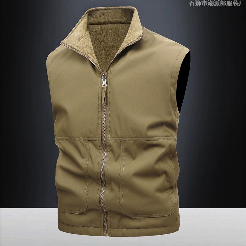 Logo-8XL large size men's outdoor fishing tooling casual double-sided vest fleece stand-up collar vest can be added