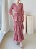 Miyake 2026 High-End V-Neck Tie-Up Layered Midi Dress