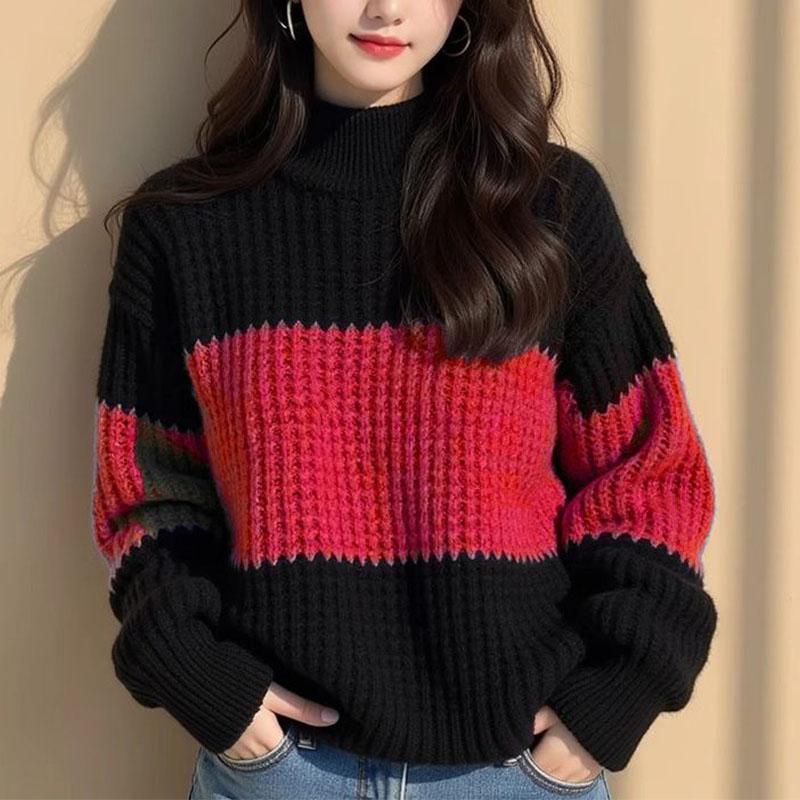 

Свитер контрастного цвета с полувысоким воротником, женская одежда, зимняя мода, с длинным рукавом, свободный, вязаный, доступный, эластичный пуловер 4XL красный