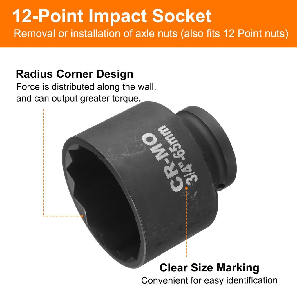 uxcell Drive Impact 65mm Metric Spindle Axle Nut Socket Driver Wrench for Automotive Easy Removal 3/4" 12-Point Socket, Repair,