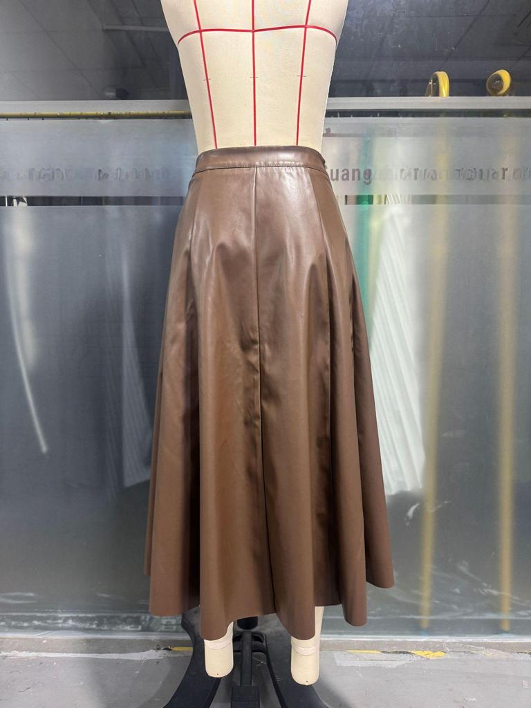 Miu Style Brown A-Line Leather Skirt - Women's Slim Fit for Autumn/Winter