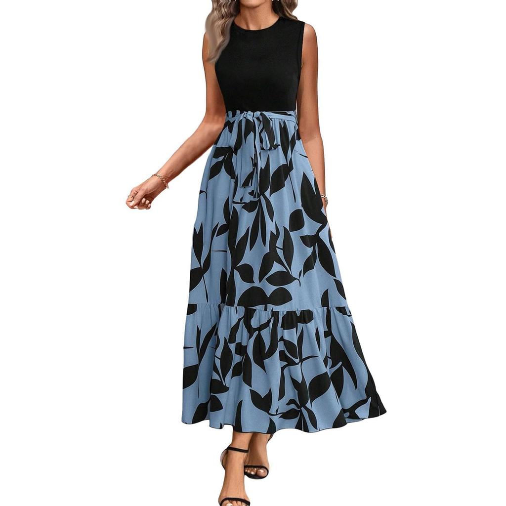 Damenmode Ärmelloses Kleid mit Blumendruck, hoher Taille, modisch und elegant