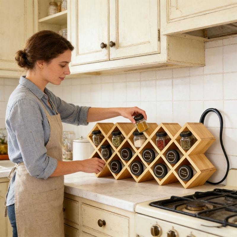 Porta Spezie in Legno con Design a Rombo e Croci per Piano Cucina e Cassetto Contiene Diverse Bottiglie P9YB