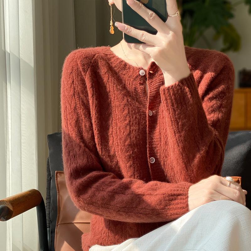 Cardigan tricotat cablu ajurat din lână 100% pentru femei - Croială lejeră pentru toamnă/iarnă