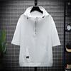 Men Summer Tops Hooded Adjustable Drawstring Zipper Half Placket Short Sleeve T-shirt Letter Print Quick Drying Ice Silk Fabric