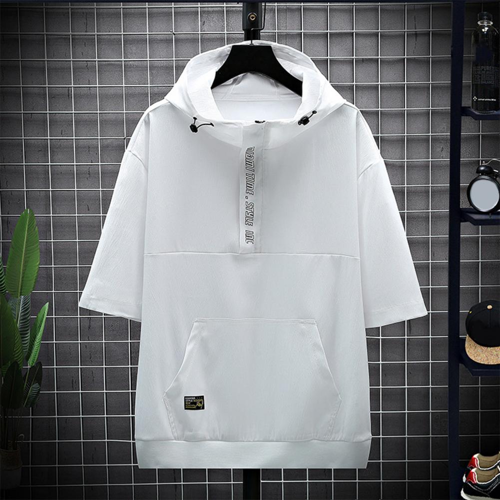 Men Summer Tops Hooded Adjustable Drawstring Zipper Half Placket Short Sleeve T-shirt Letter Print Quick Drying Ice Silk Fabric