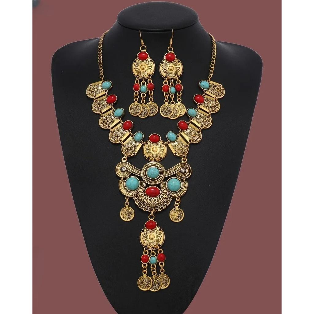 Western Jewelry Set Ethnic Vintage Imitation Turquoise Coin Tassel Necklace Earrings for Women Party Accessories