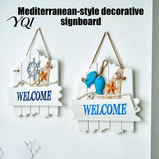 Blue And White Ocean Sign Mediterranean Style Wooden Welcome Sign, Starfish Shells Hanging Nautical Plaque, Decorative Wall Art for Home Porch
