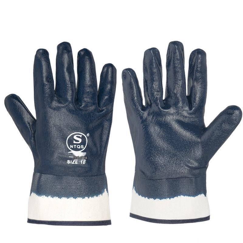QS Blue Large-Mouth Oil & Wear-Resistant Nitrile Canvas Gloves for Auto Repair & Welding