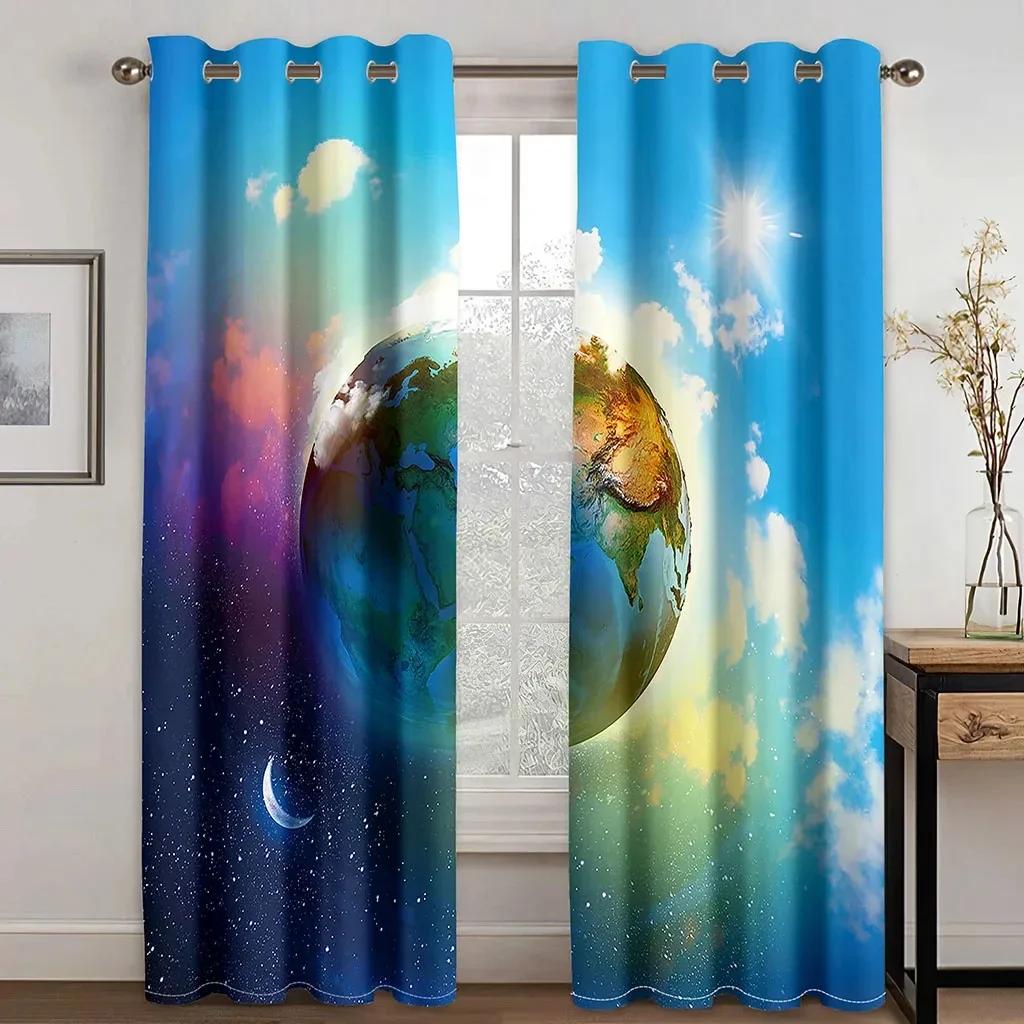 3D 3D Print Cartoon Space Galaxy Star Pattern Thin Semi-Shading Window Curtain for Kid Childern Boy Bedroom Living Room Home Hoo