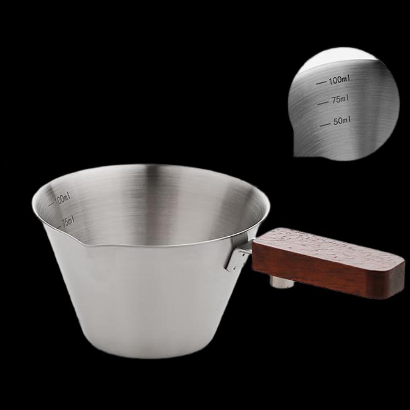 Stainless Steel Espresso Measuring Cup with Scale and Wooden Handle