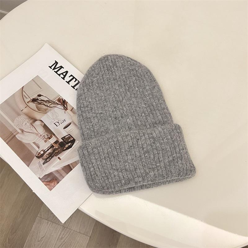 Angora Rabbit Hair Curled Brimless Wool Hat Women Autumn and Winter Warm Striped Fashion Knitted Pullover Cold Hat