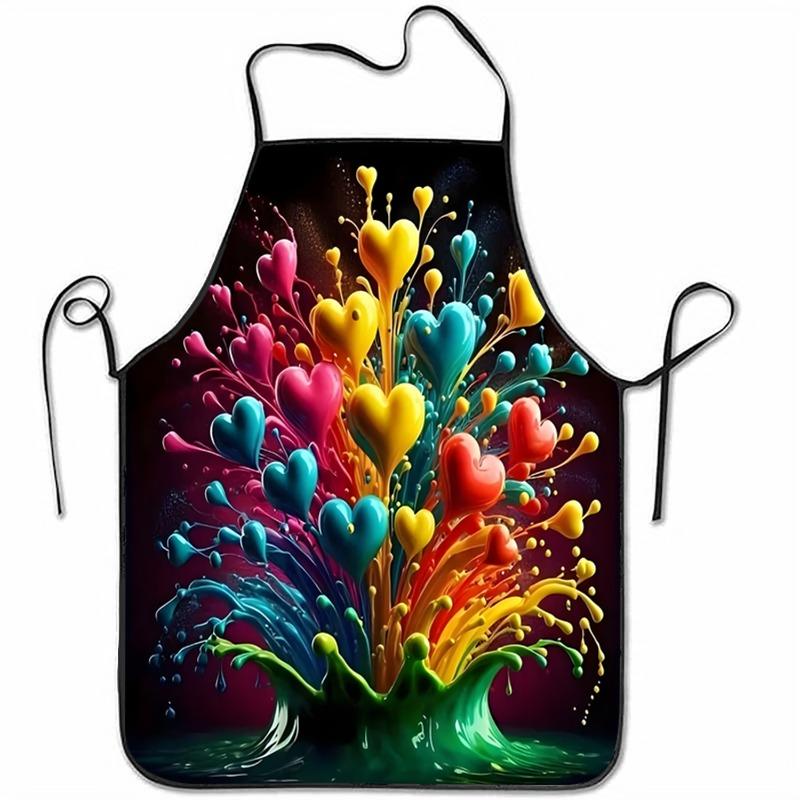 1pc Multicolor Heart-Patterned Apron - Black Background with Ink Splatter And Heart Design - Ideal for Daily Cooking, Baking, Home Cleaning, Crafts, G