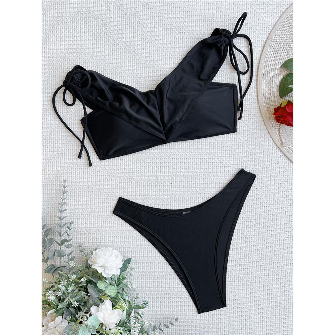 

Сексуальный завязанный v-образным вырезом бразильский бикини женский купальник женский купальник из двух частей комплект бикини купальный костюм для плавания L чёрный