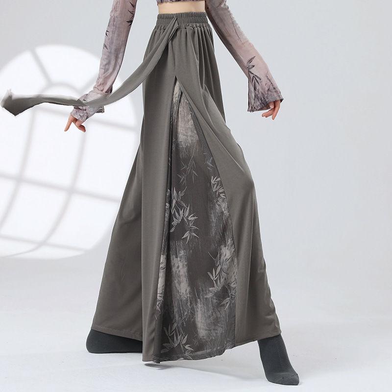 Women's Chinese Style Modern Classical Dance Pants - Ink Wash Painting Paneled Loose Practice Trousers for Dance & Leisure
