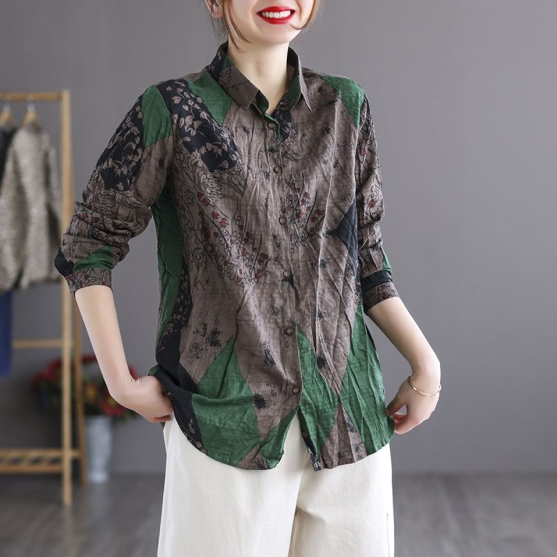 Large Size Loose Artistic Retro Casual Shirt for Women Spring Retro Printed Loose Single Breasted Long Sleeved Top Blouses Shirts
