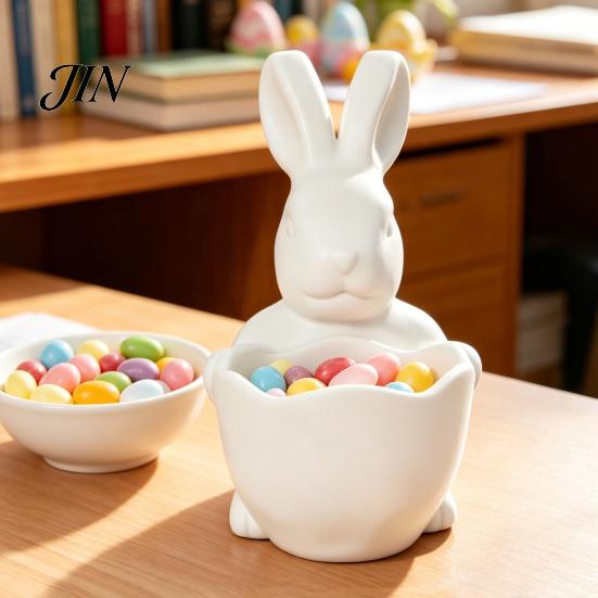 3D Printed Rabbit Bowl Easter Bunny Candy Bowl, Cute Holding Figurine, DIY Paintable White Desk Blank Decor for Living Room Office, Versatile Trinket