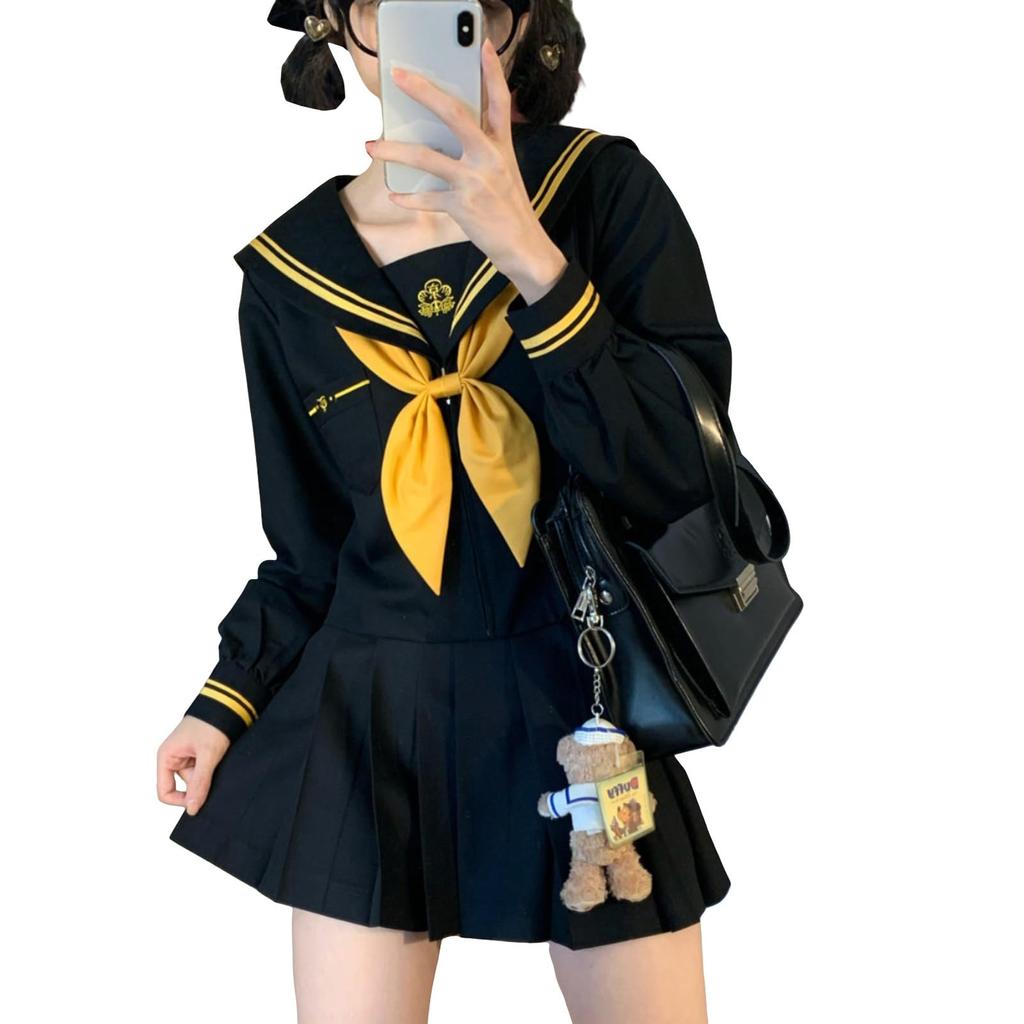 Longpen School Authentic Sailor Lolita Yellow Pleated Classic Cosplay Long JK Sailor School Lolita Costume for Photo Cultural Halloween Uniform, Suit,