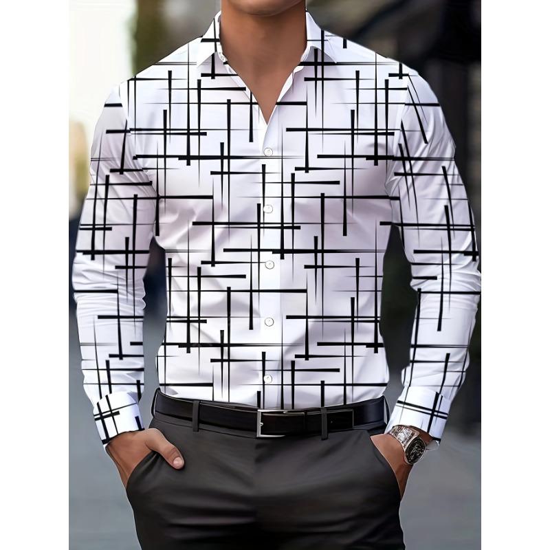 Men'S Stylish Geometric Print Long Sleeve Shirt Casual Button-Up with Lapel Collar,Perfect for Spring & Fall Pattern