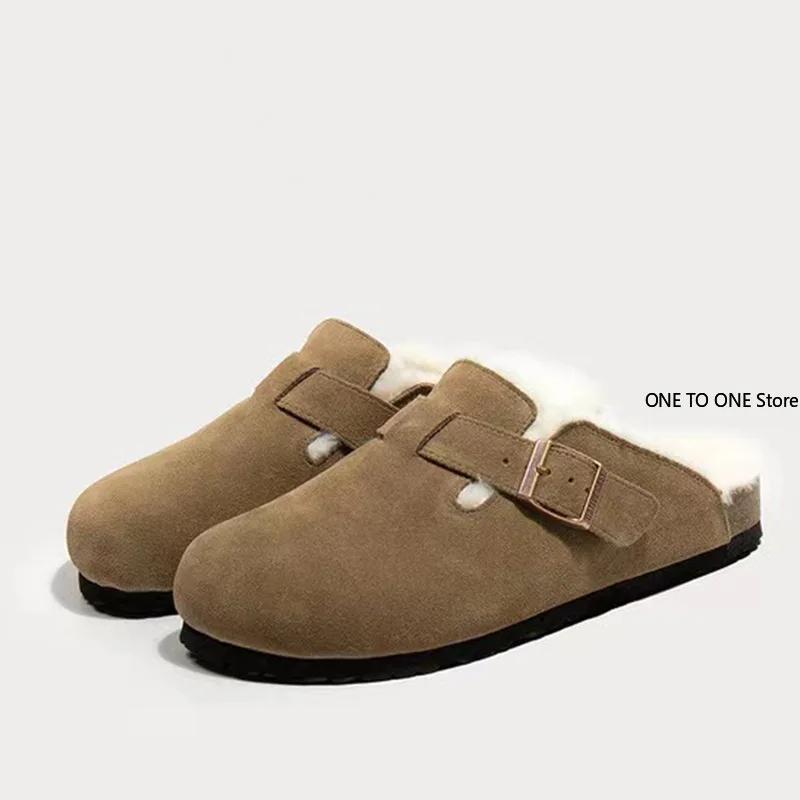 Fashion Women's Slippers 2025 Autumn Winter Leather Round Toe Slippers Couple Slippers Outdoor Casual Keep Warm Women Suede Slides Mujer
