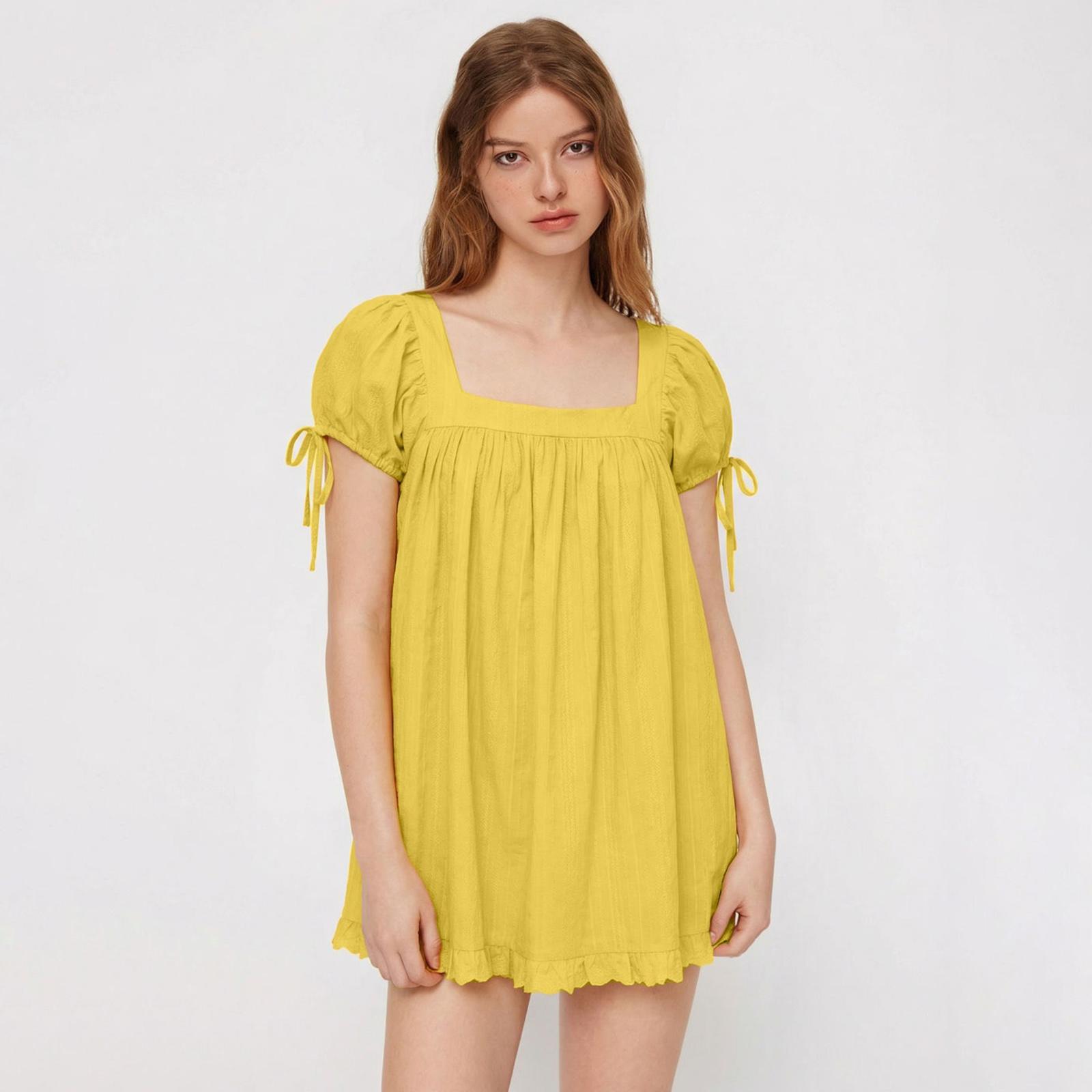 

Women s Casual Square Neck Puff Sleeve Dress, Babydoll Swing Dress With Ruffle Hem And Tie Cuffs, Summer Loose Fit Tunic Dress XL жовтий