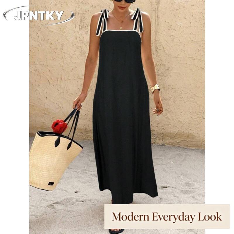 JPNTKY Women's Fashion Summer Spring Solid Color Print Sleeveless Casual Dresses