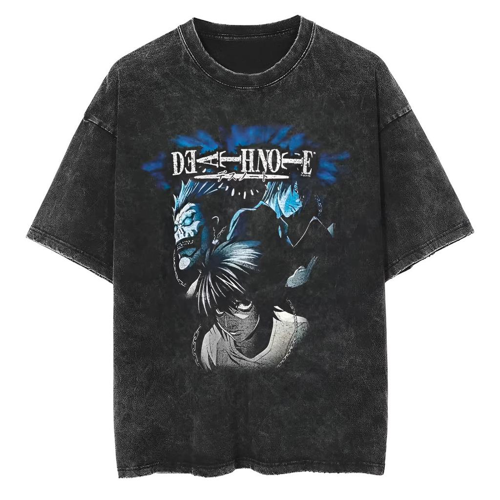 Men Women 2026 Summer Oversized Streetwear Anime Casual Tops Death Note L Light Ryuk Vintage Washed Cotton T Shirt
