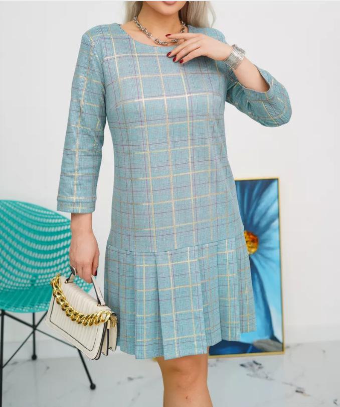 

Женское клетчатое платье 2024: Европейский и американский стиль, для работы, свободный крой, круглый вырез, принт, стройнящий фигуру. 5XL светло-синий