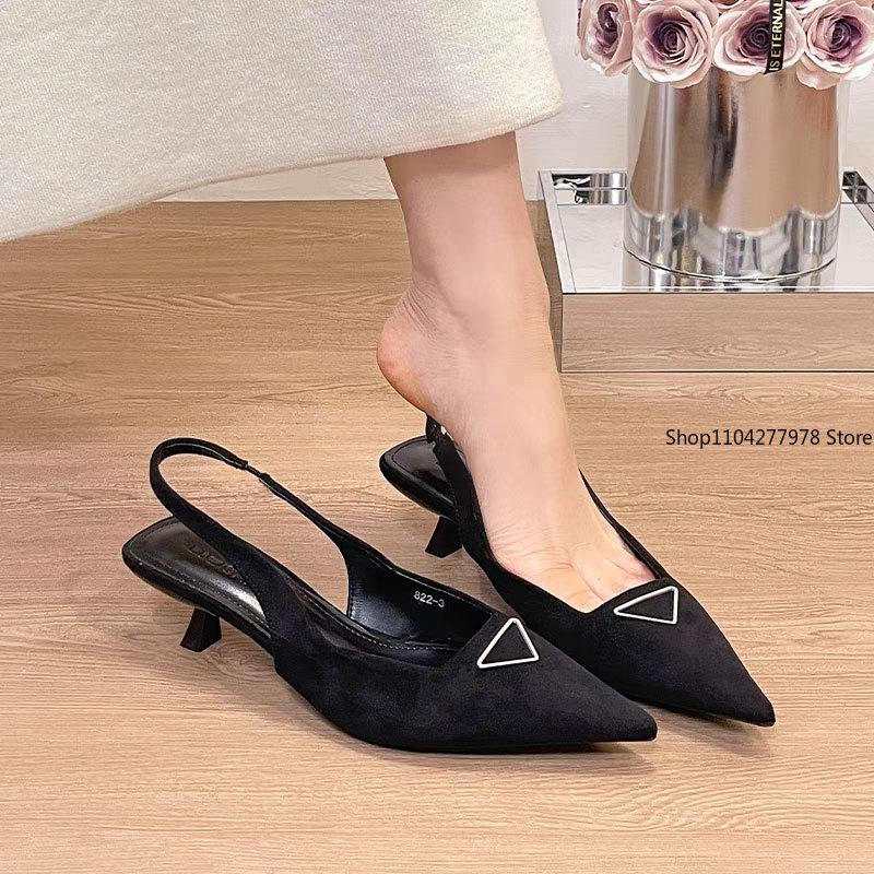 Fashion New Summer 2025 Women's Dress Shoes Patent Leather Slip on Pointed Toe Sandals Buckle Slingbacks Mid Heels Pumps Sandalias Mujer