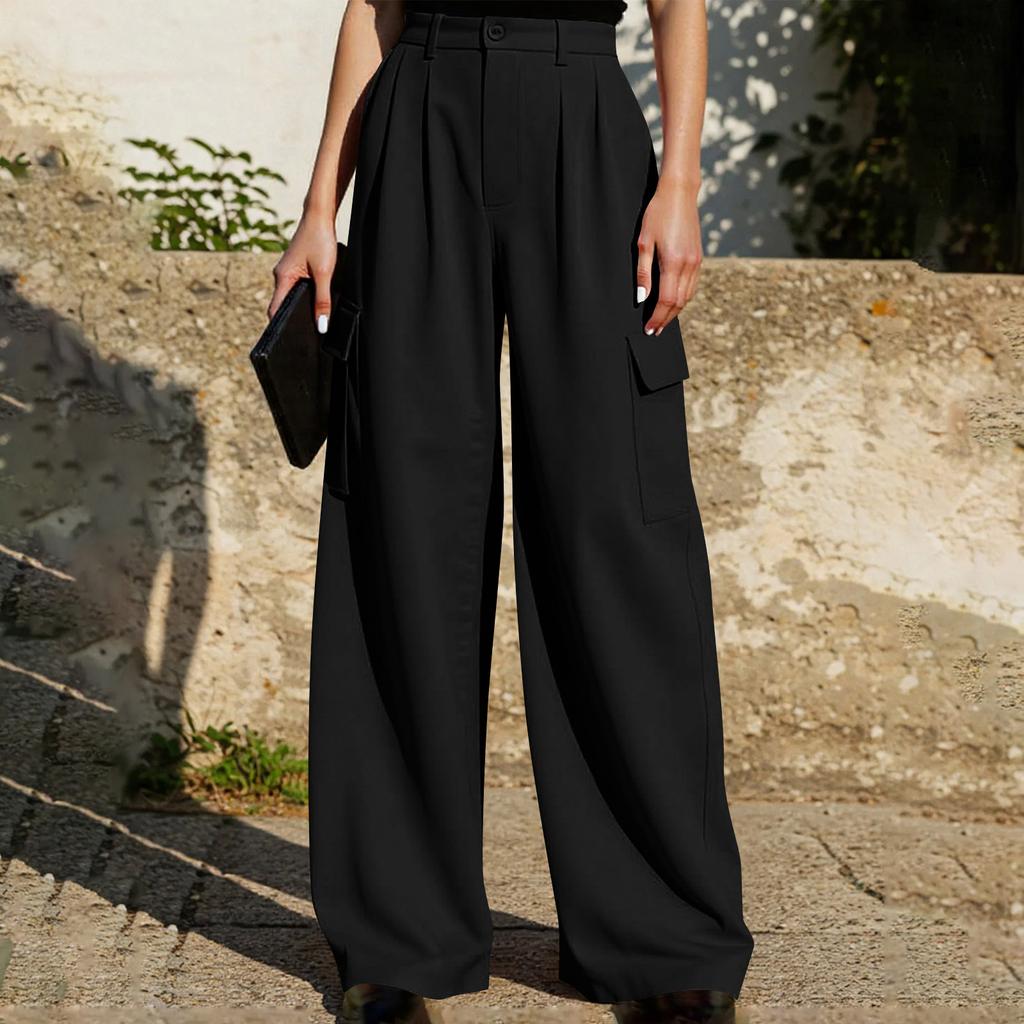 Pantalon Décontracté Large pour Femme Taille Haute Fermeture Boutonnée Poches Style Cargo Coupe Ample Pantalon Convient pour un Usage Quotidien et le Bureau