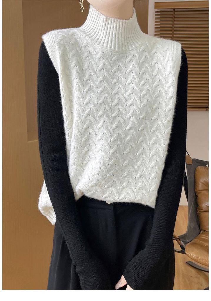 Women's 100% Wool High Neck Cable Knit Sleeveless Vest - Warm Autumn/Winter Shawl