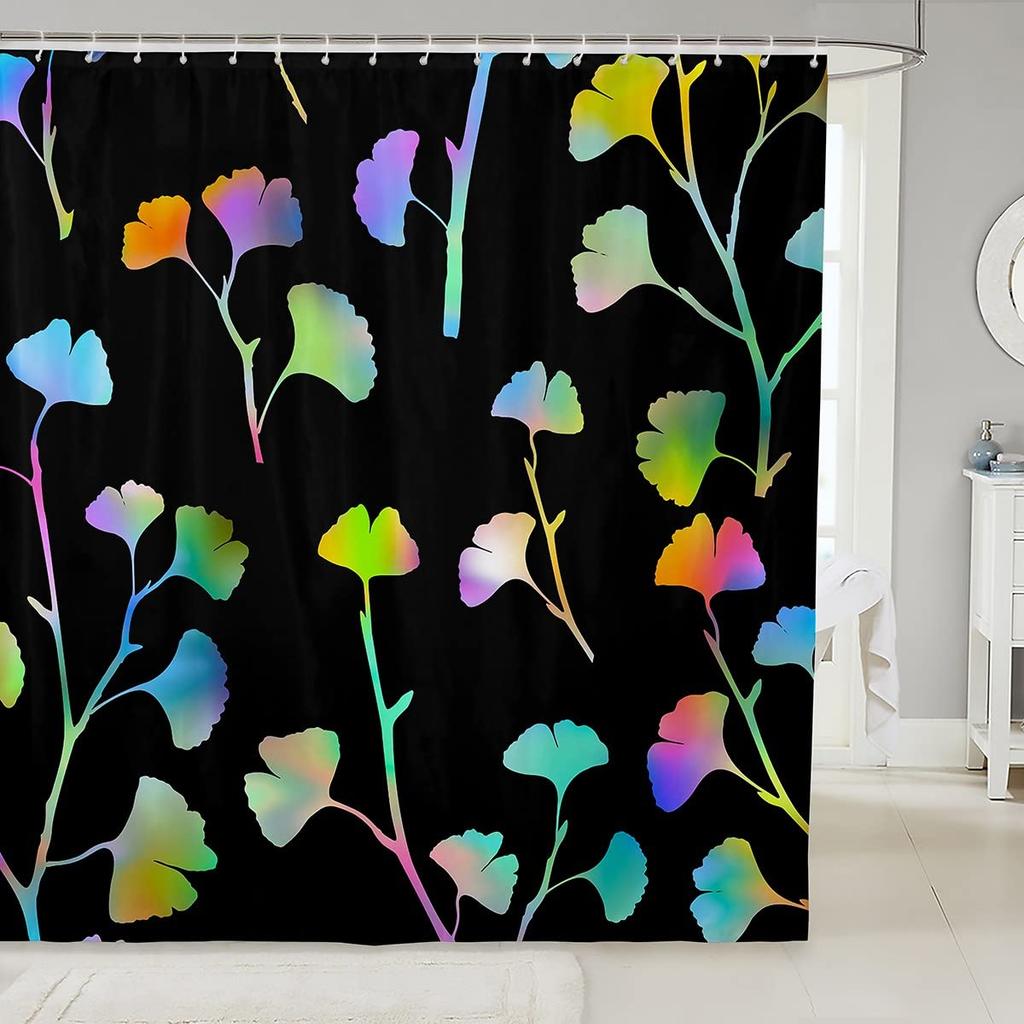 Green Ginkgo Biloba Shower Curtain Gold Ginkgo Leaves Modern Bathroom Shower Curtains Set Waterproof Botanical Bath Curtain Sets