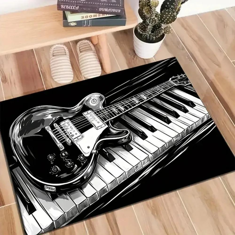 Vibrant Guitar Piano Print Area Rug Black and White Music Theme Home Decor Modern Art Floor Mat Bedroom Living Room Carpet