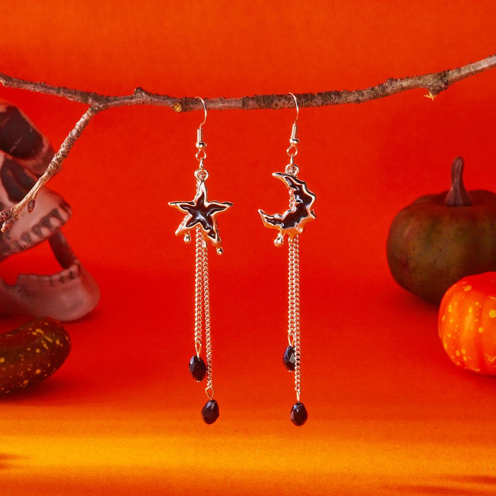 Fashion Black Crystal Waterdrop Earrings for Women Punk Asymmetric Star Moon Long Tassel Earring Girls Party Daily Wear Jewelry