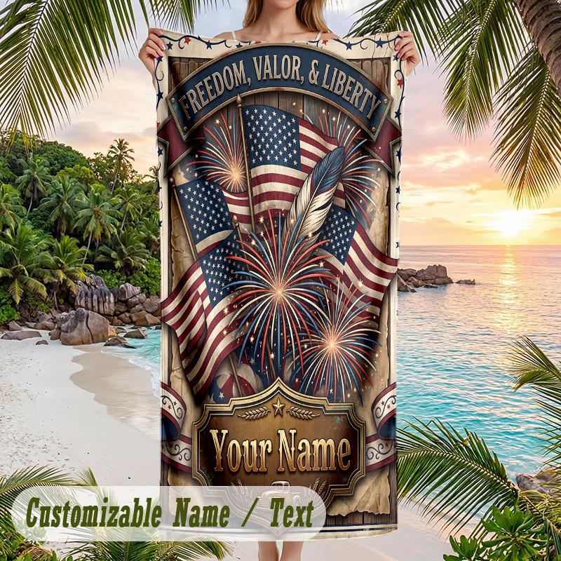 American Patriotic Theme Beach Towel Personalized Custom Name & Text Soft Quick Dry Beach Towel for Swimming Travel