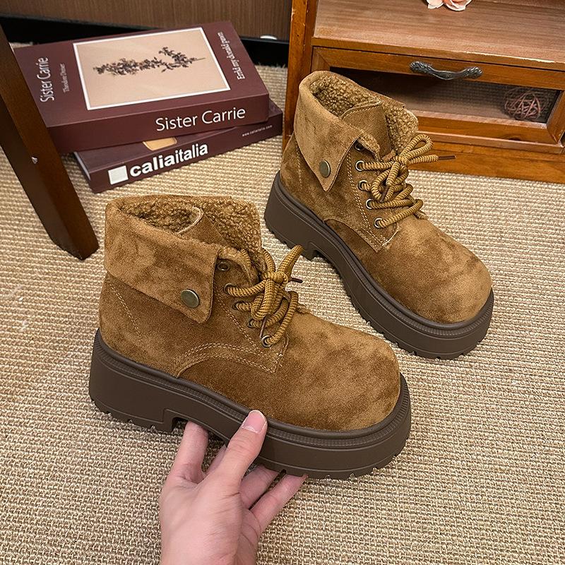 Women's Thick Bottom Lace-up Winter Lightweight Warm a Foot Pedal Padded Snow Boots Non-slip Wear Casual Sneakers Plush Martin Cotton Boots