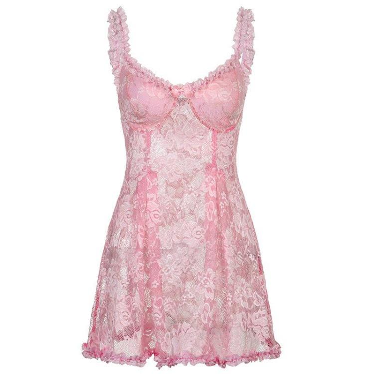 Sexy Lace Suspender Skirt for Women Fashionable Off Shoulder Slimming Mesh Perspective Dress