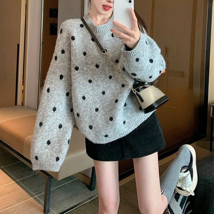 Round-neck Pullover Loose Polka Dot Knitted Sweater for Women's New Autumn and Winter Laid-back Style Retro Sweater