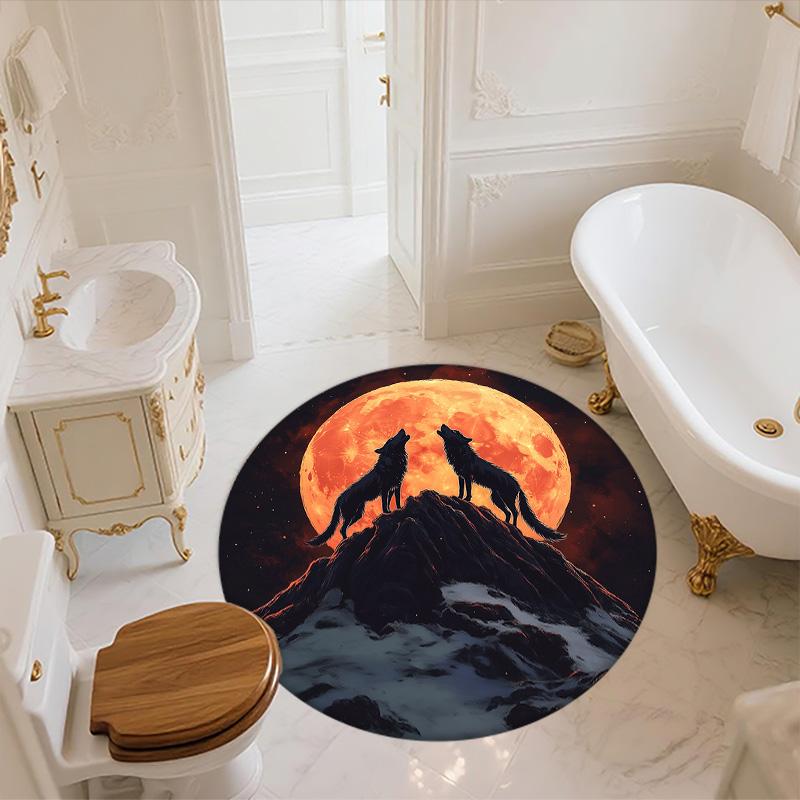 Moon Wolf,Round Area Rug,Carpet Rug for Living Room Bedroom Sofa Playroom Decor,Non-slip Floor Mat