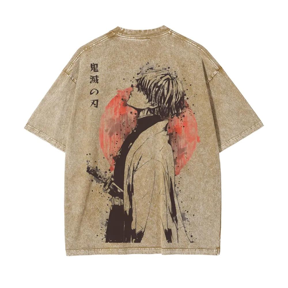 

Summer Zenitsu Agatsuma Breath of Thunder Retro Washed Old T-shirt Demon Slayer 90s Street Style Short-sleeved Top S