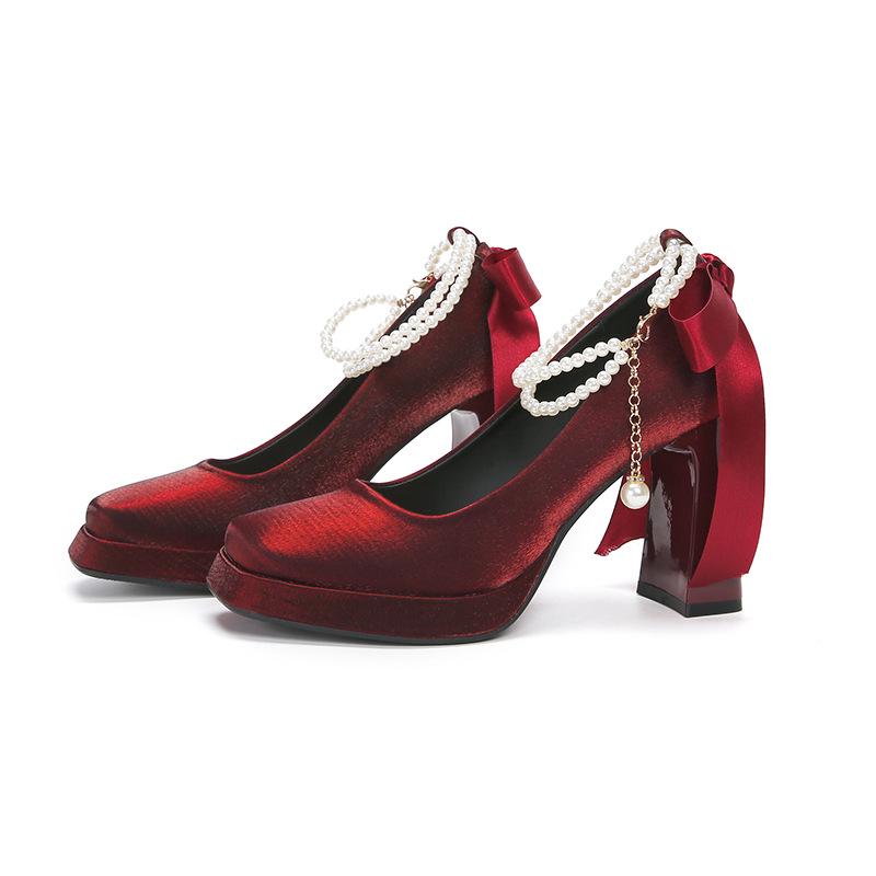 

Women s Pearl Suede Mary Janes - Square Toe Chunky High Heels with Bow and Waterproof Platform 35 бордовий